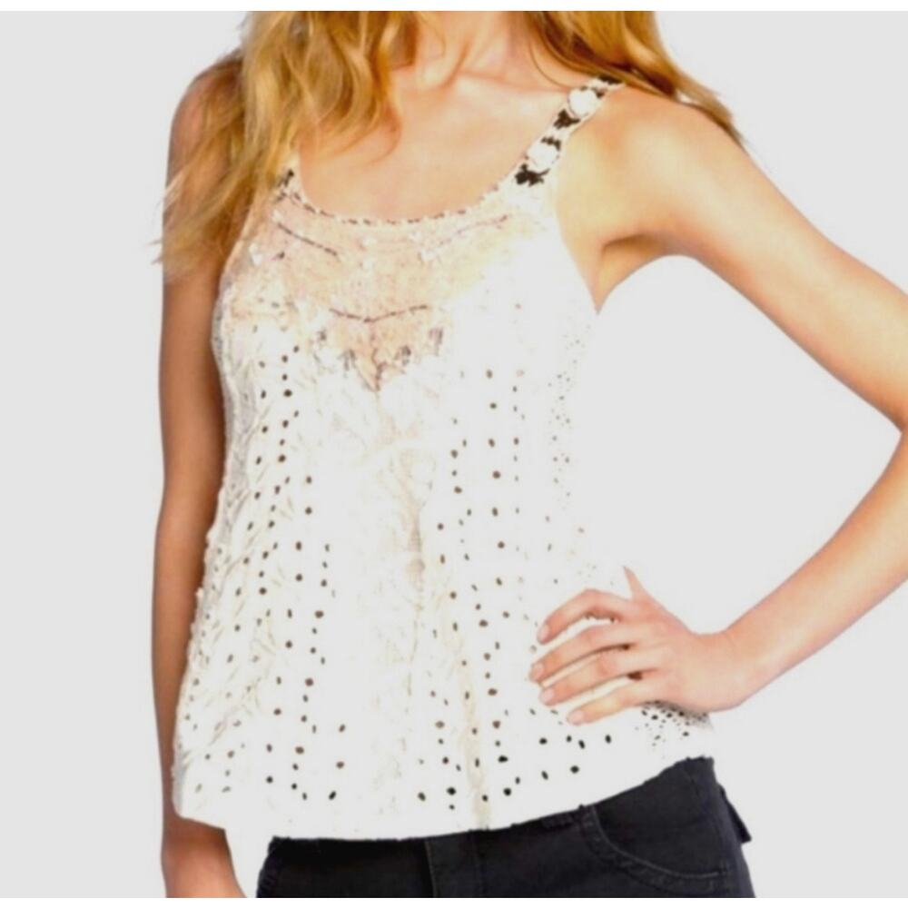 Free People Cream Saheli Embroidered Eyelet Top, Beaded Neckline, Size XS, EUC